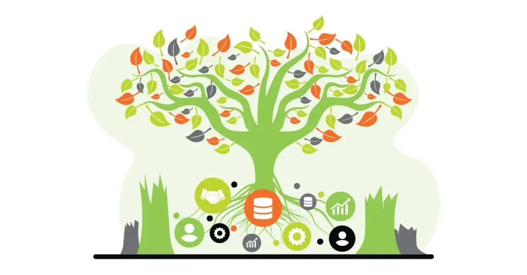 Data icons branching within tree design showcasing interconnection
