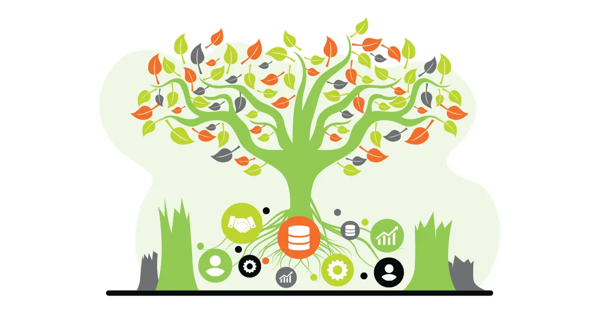 Data icons branching within tree design showcasing interconnection